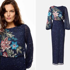IEENA for MAC DUGGAL Embellished Floral High Neck Gown Size 14